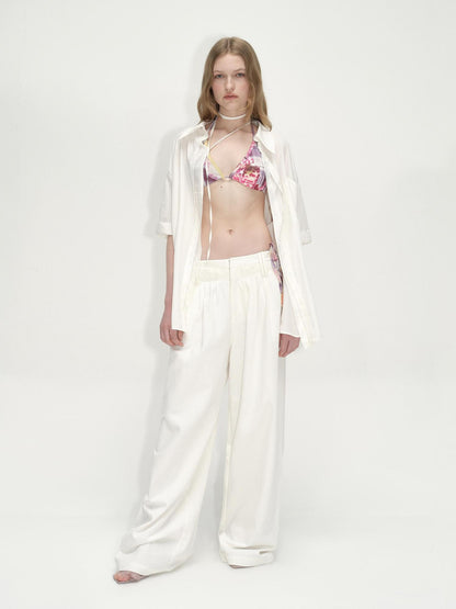 RUN TO THE FUTURE Lyocell Cotton Wide Leg Pocket Double Waist Low Rise Women White Straight Pants