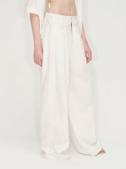 RUN TO THE FUTURE Lyocell Cotton Wide Leg Pocket Double Waist Low Rise Women White Straight Pants