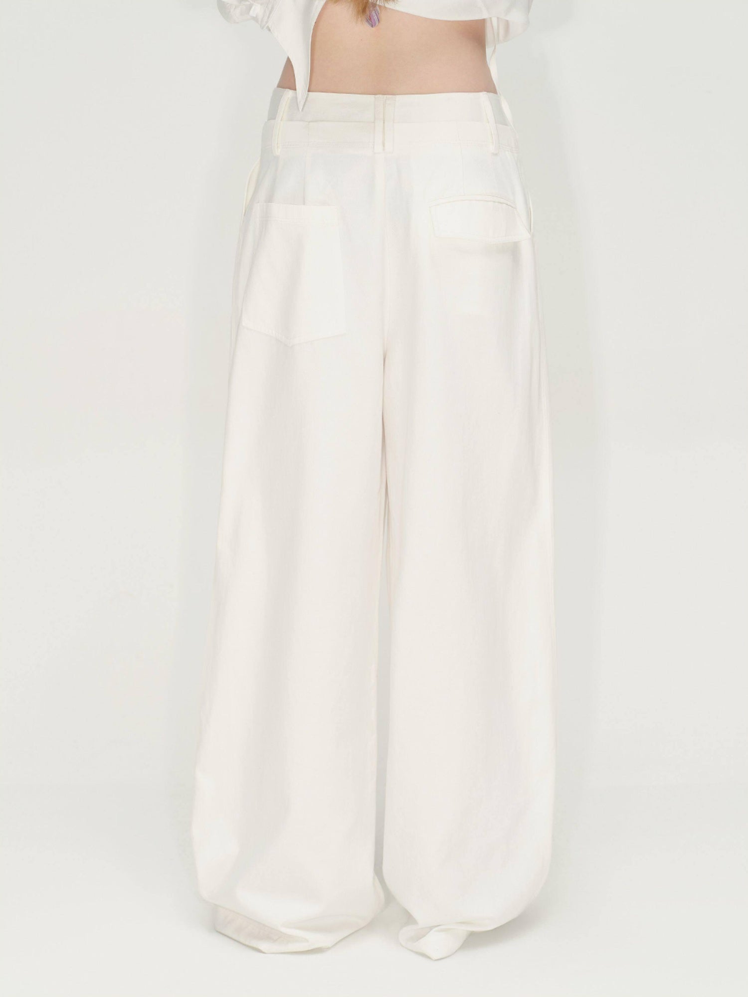 RUN TO THE FUTURE Lyocell Cotton Wide Leg Pocket Double Waist Low Rise Women White Straight Pants