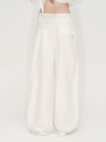RUN TO THE FUTURE Lyocell Cotton Wide Leg Pocket Double Waist Low Rise Women White Straight Pants