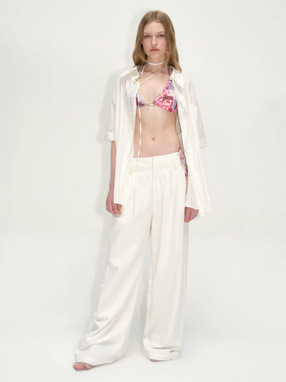 RUN TO THE FUTURE Lyocell Cotton Wide Leg Pocket Double Waist Low Rise Women White Straight Pants
