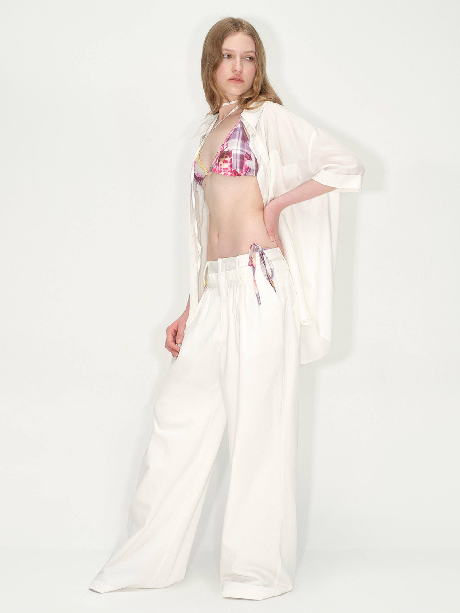 RUN TO THE FUTURE Lyocell Cotton Wide Leg Pocket Double Waist Low Rise Women White Straight Pants