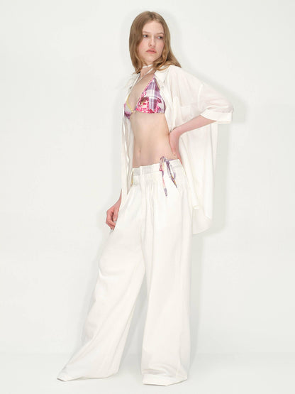 RUN TO THE FUTURE Lyocell Cotton Wide Leg Pocket Double Waist Low Rise Women White Straight Pants