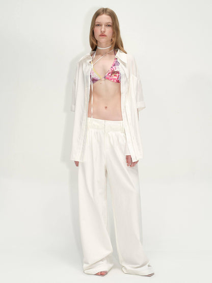 RUN TO THE FUTURE Lyocell Cotton Wide Leg Pocket Double Waist Low Rise Women White Straight Pants