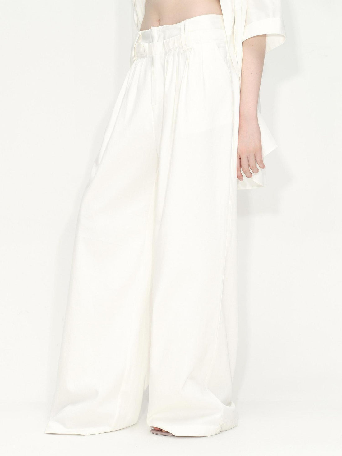 RUN TO THE FUTURE Lyocell Cotton Wide Leg Pocket Double Waist Low Rise Women White Straight Pants