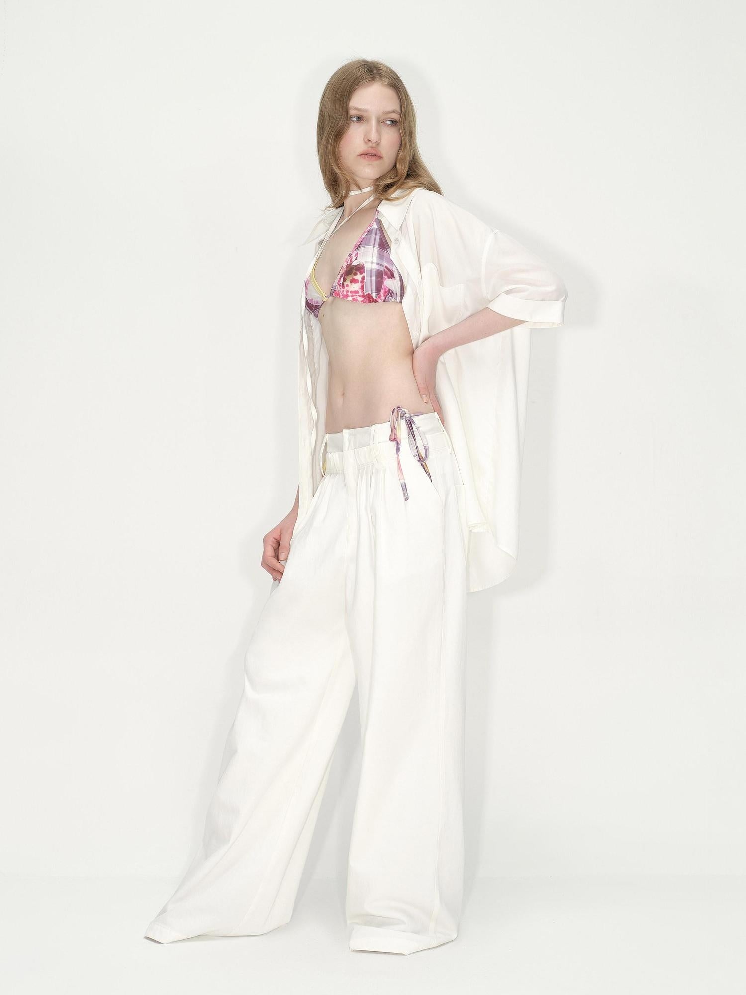 RUN TO THE FUTURE Lyocell Cotton Wide Leg Pocket Double Waist Low Rise Women White Straight Pants