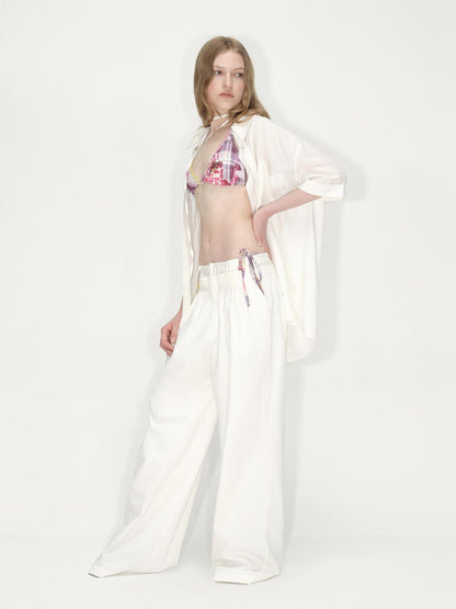 RUN TO THE FUTURE Lyocell Cotton Wide Leg Pocket Double Waist Low Rise Women White Straight Pants