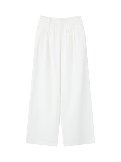 RUN TO THE FUTURE Lyocell Cotton Wide Leg Pocket Double Waist Low Rise Women White Straight Pants