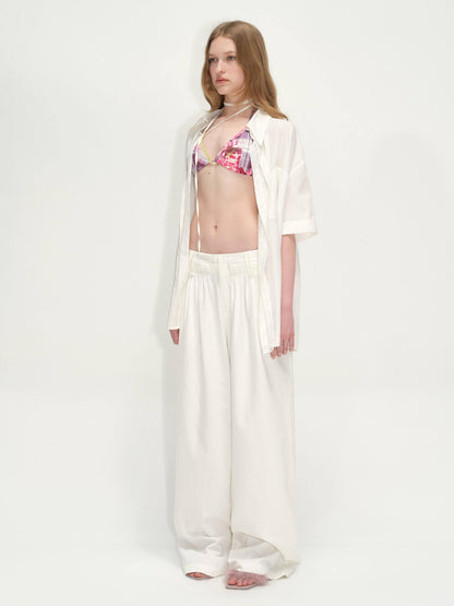 RUN TO THE FUTURE Lyocell Cotton Wide Leg Pocket Double Waist Low Rise Women White Straight Pants