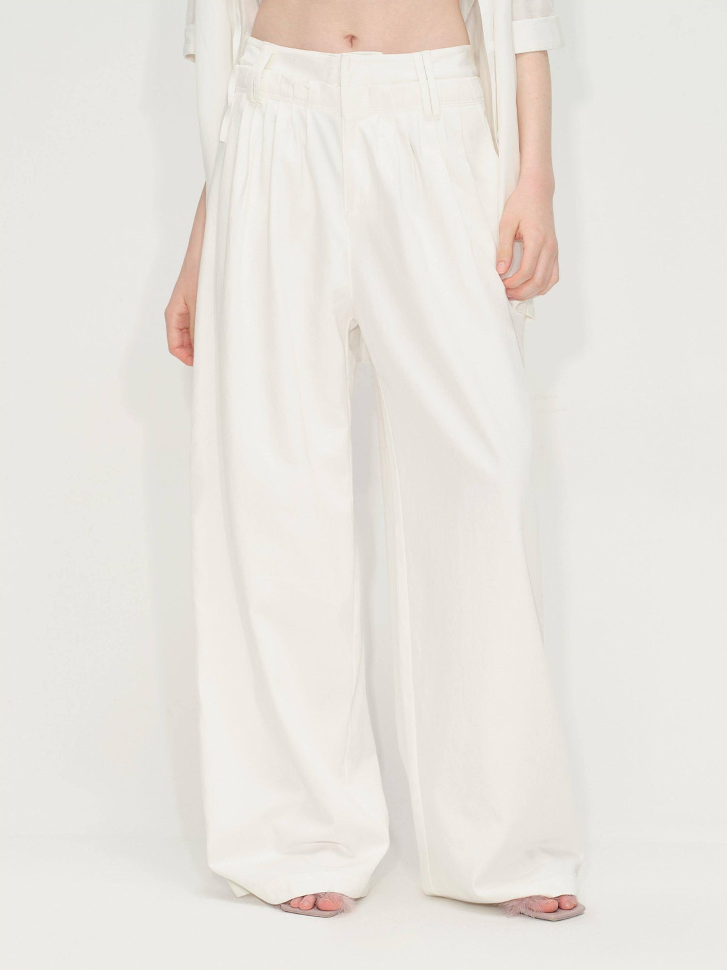 RUN TO THE FUTURE Lyocell Cotton Wide Leg Pocket Double Waist Low Rise Women White Straight Pants