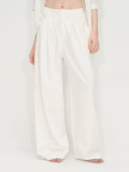RUN TO THE FUTURE Lyocell Cotton Wide Leg Pocket Double Waist Low Rise Women White Straight Pants