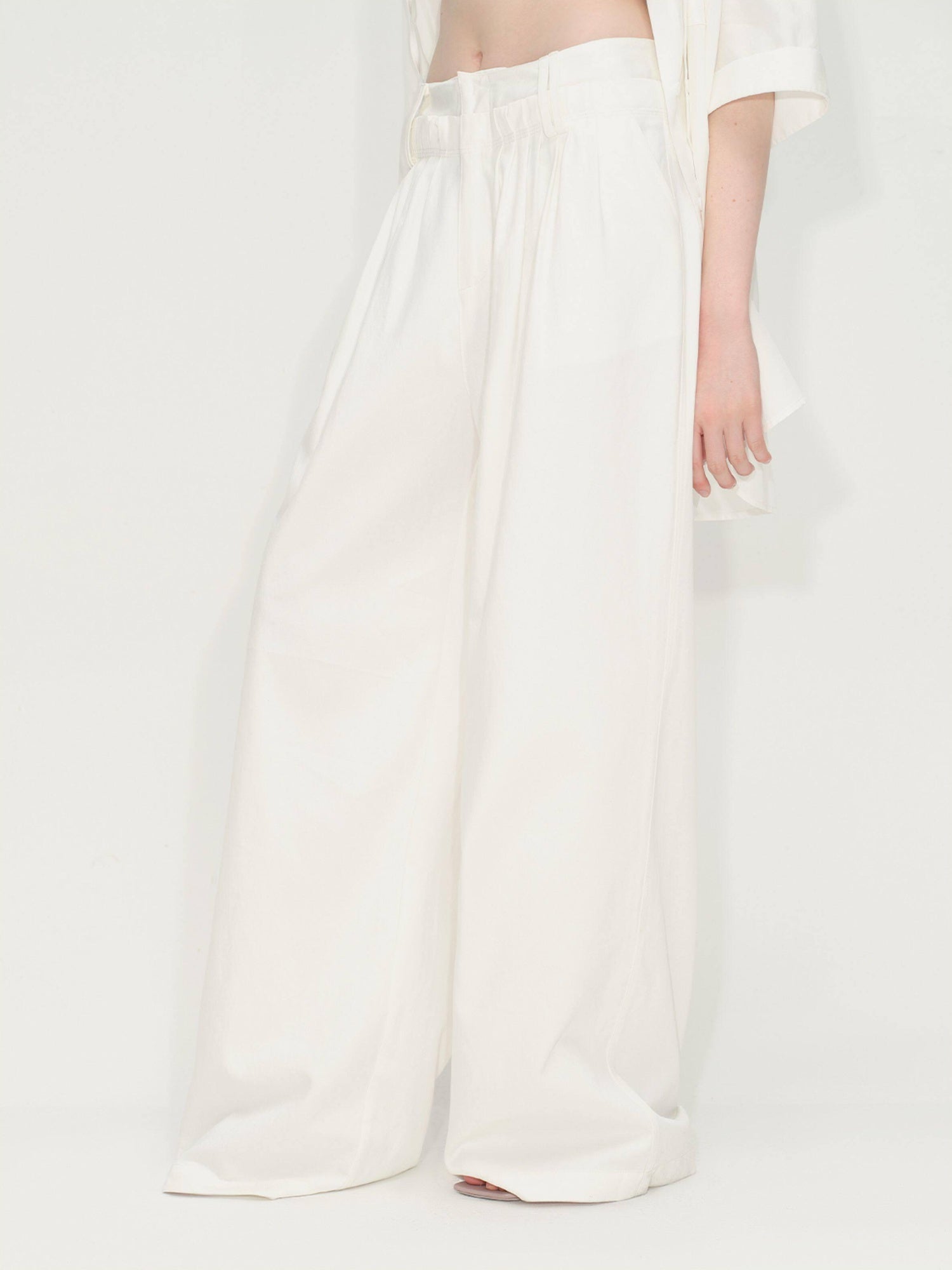 RUN TO THE FUTURE Lyocell Cotton Wide Leg Pocket Double Waist Low Rise Women White Straight Pants