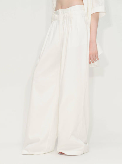 RUN TO THE FUTURE Lyocell Cotton Wide Leg Pocket Double Waist Low Rise Women White Straight Pants