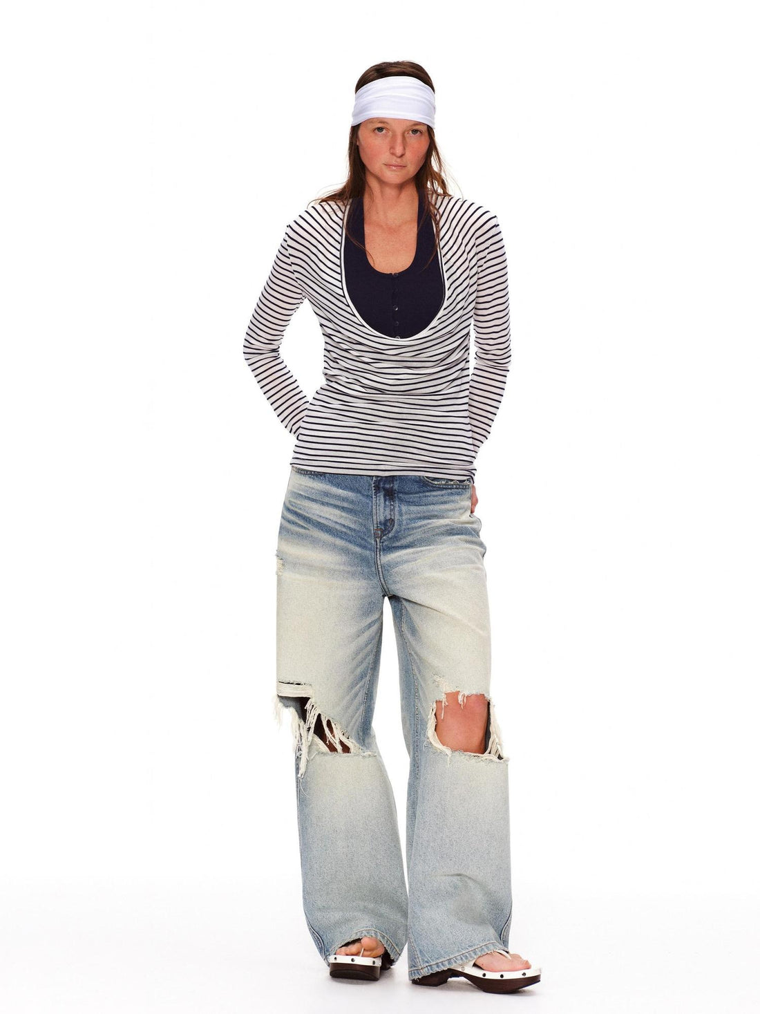 RUN TO THE FUTURE Lyocell Striped Color Block Faux Two Piece Casual Women Long Sleeve T-Shirts