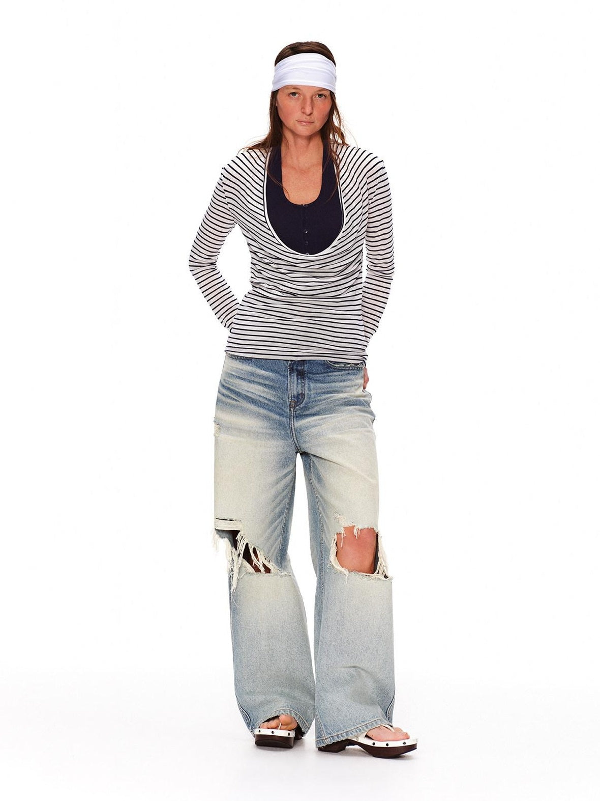 RUN TO THE FUTURE Lyocell Striped Color Block Faux Two Piece Casual Women Long Sleeve T-Shirts