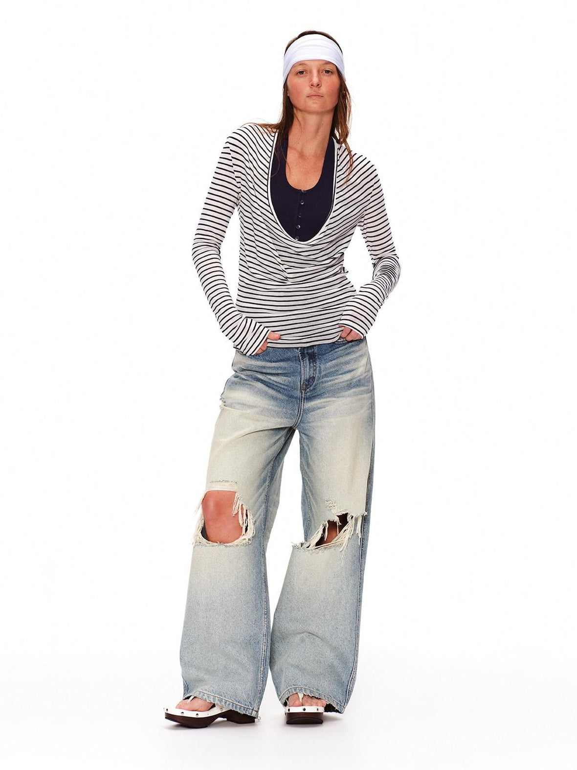 RUN TO THE FUTURE Lyocell Striped Color Block Faux Two Piece Casual Women Long Sleeve T-Shirts