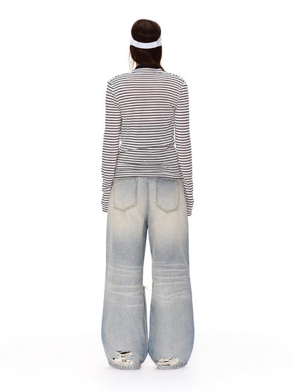 RUN TO THE FUTURE Lyocell Striped Color Block Faux Two Piece Casual Women Long Sleeve T-Shirts