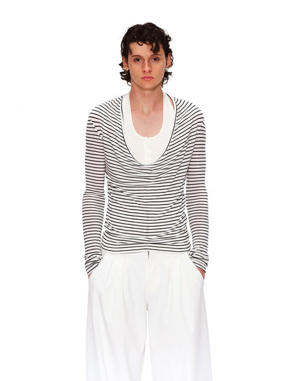 RUN TO THE FUTURE Lyocell Striped Color Block Faux Two Piece Casual Women Long Sleeve T-Shirts