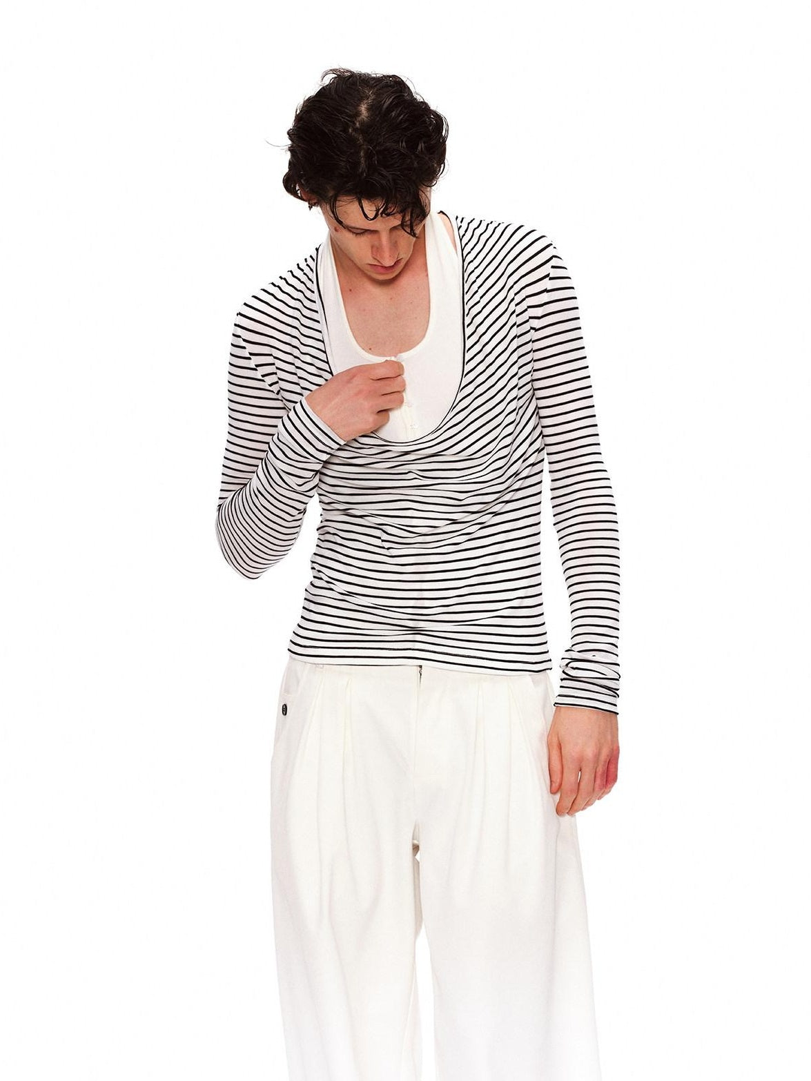 RUN TO THE FUTURE Lyocell Striped Color Block Faux Two Piece Casual Women Long Sleeve T-Shirts
