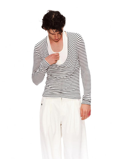 RUN TO THE FUTURE Lyocell Striped Color Block Faux Two Piece Casual Women Long Sleeve T-Shirts