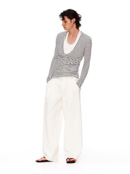 RUN TO THE FUTURE Lyocell Striped Color Block Faux Two Piece Casual Women Long Sleeve T-Shirts