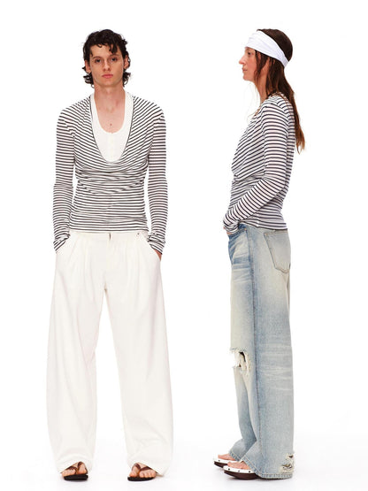 RUN TO THE FUTURE Lyocell Striped Color Block Faux Two Piece Casual Women Long Sleeve T-Shirts