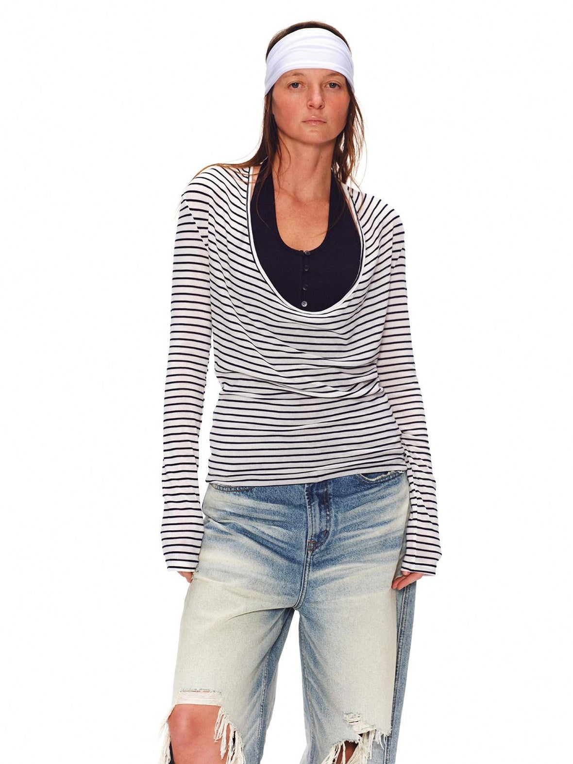 RUN TO THE FUTURE Lyocell Striped Color Block Faux Two Piece Casual Women Long Sleeve T-Shirts