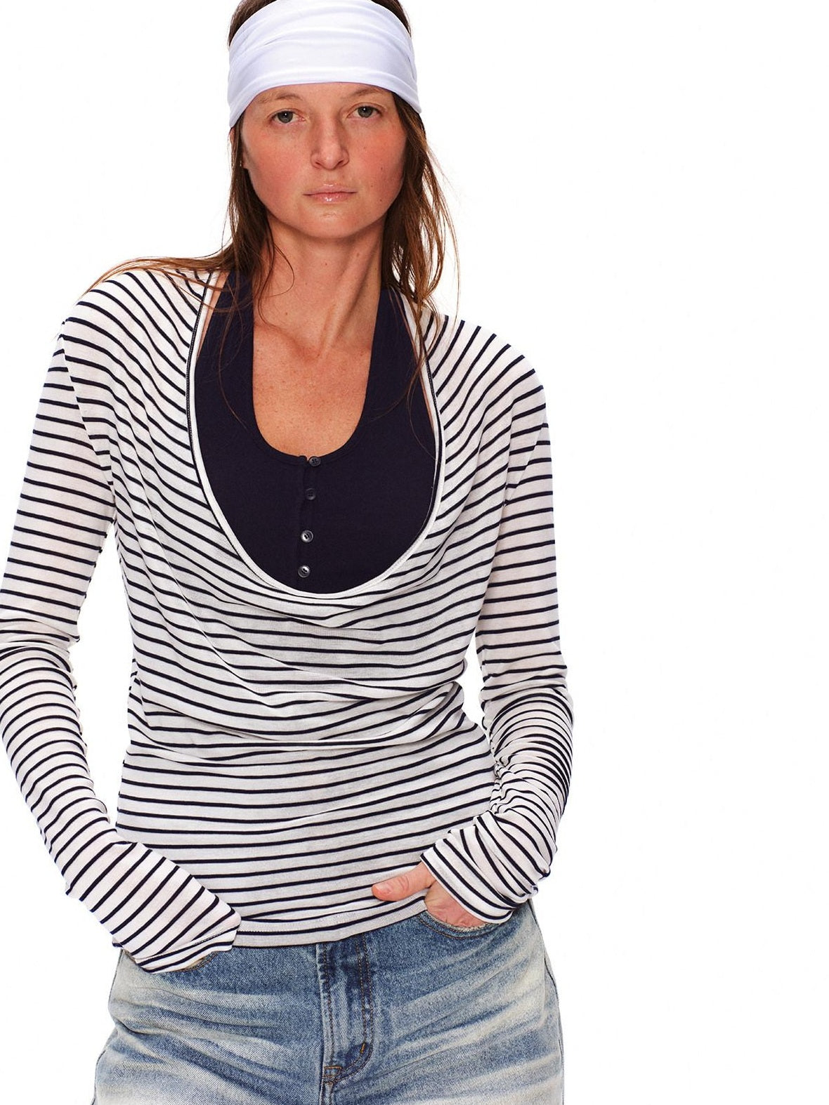 RUN TO THE FUTURE Lyocell Striped Color Block Faux Two Piece Casual Women Long Sleeve T-Shirts