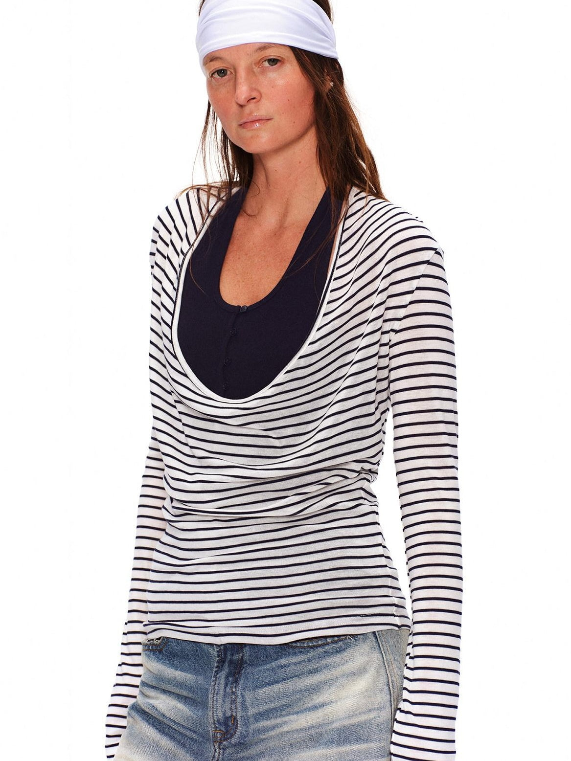 RUN TO THE FUTURE Lyocell Striped Color Block Faux Two Piece Casual Women Long Sleeve T-Shirts