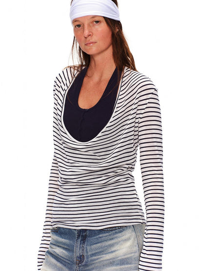 RUN TO THE FUTURE Lyocell Striped Color Block Faux Two Piece Casual Women Long Sleeve T-Shirts