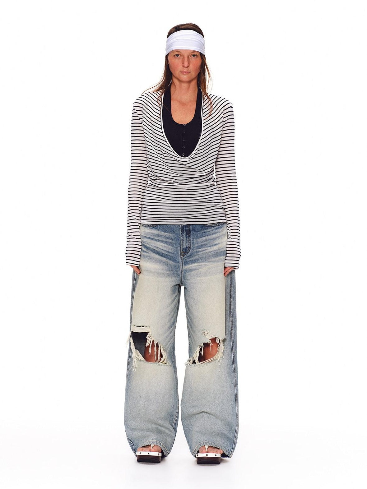 RUN TO THE FUTURE Lyocell Striped Color Block Faux Two Piece Casual Women Long Sleeve T-Shirts