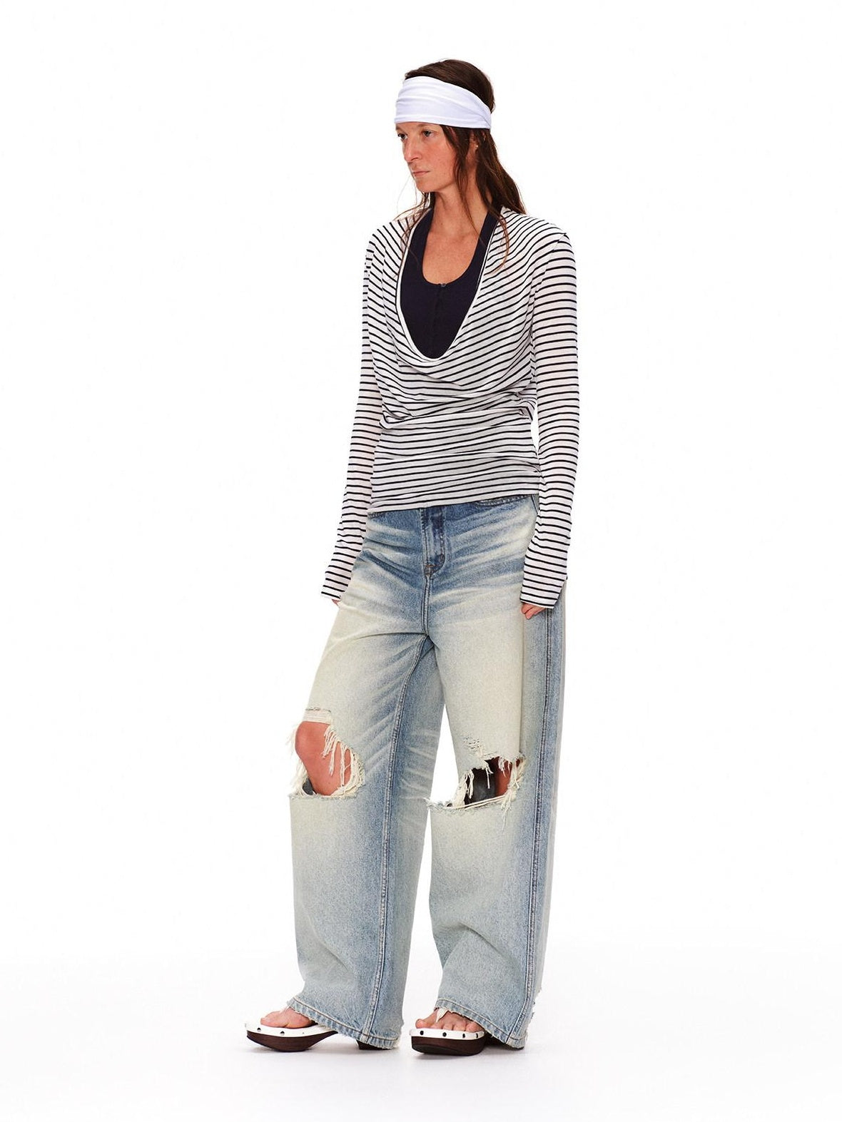RUN TO THE FUTURE Lyocell Striped Color Block Faux Two Piece Casual Women Long Sleeve T-Shirts