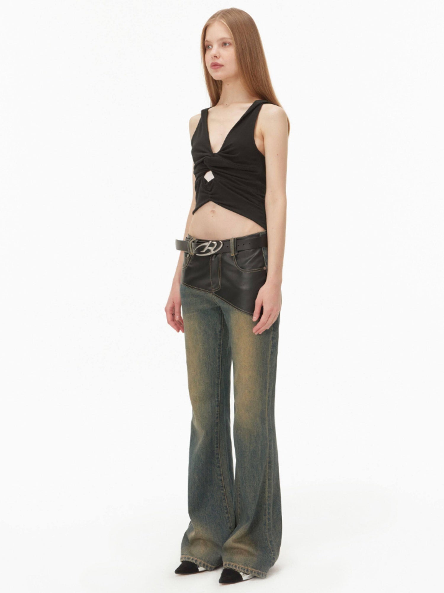 RUN TO THE FUTURE Micro Stretch Vintage Low Rise Slim Fit Women Dark Wash Denim Flare Jeans