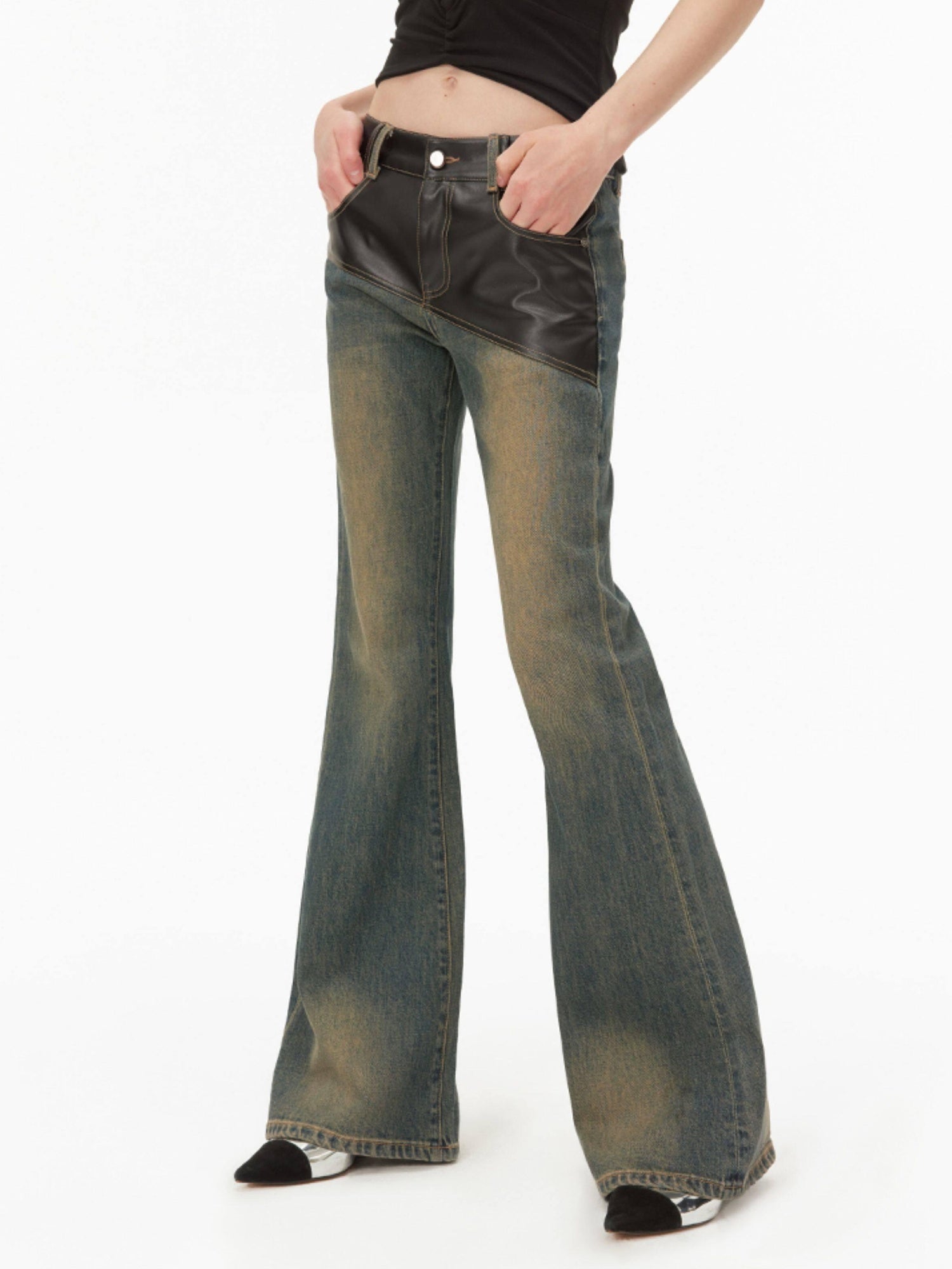 RUN TO THE FUTURE Micro Stretch Vintage Low Rise Slim Fit Women Dark Wash Denim Flare Jeans