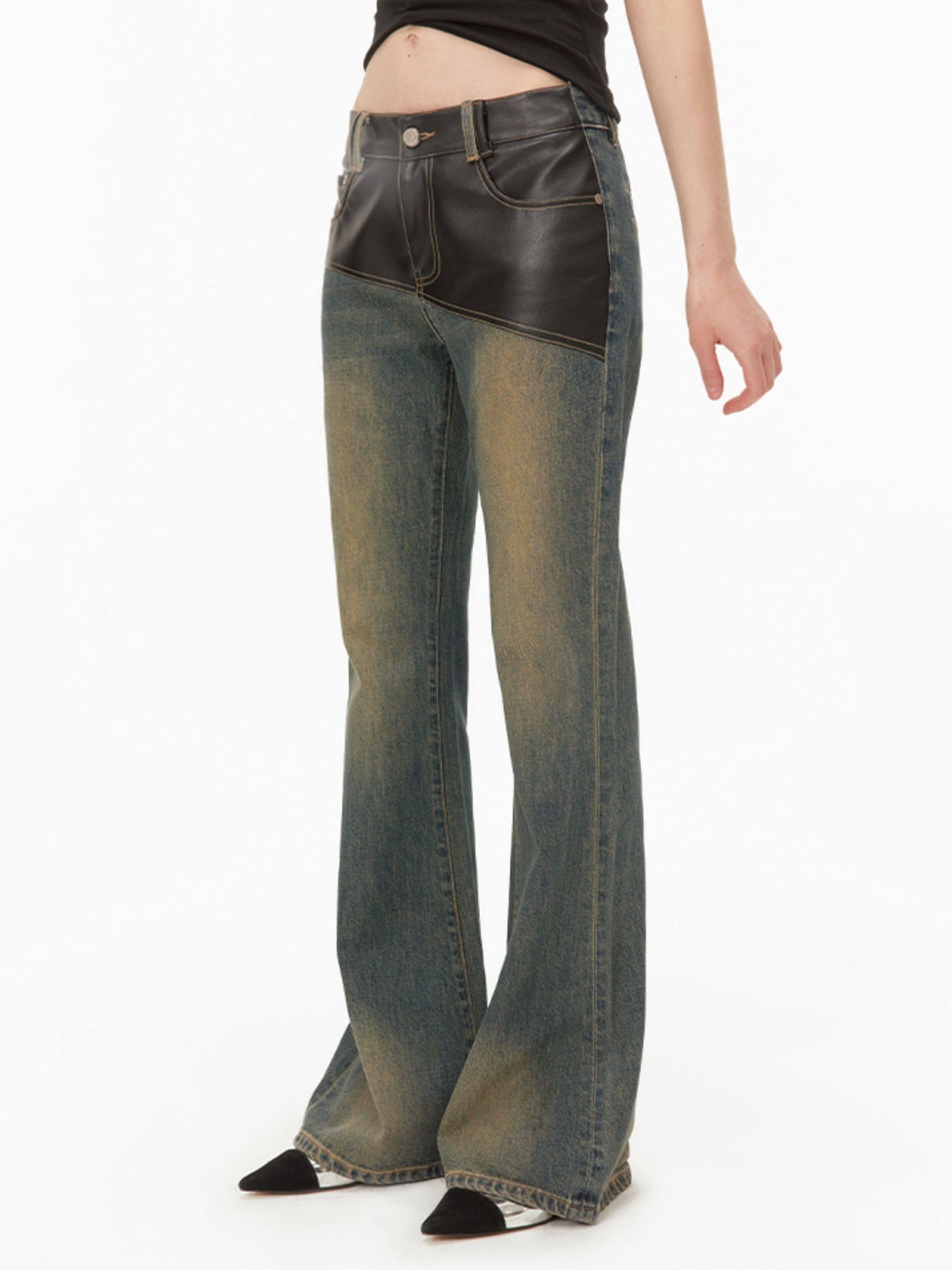 RUN TO THE FUTURE Micro Stretch Vintage Low Rise Slim Fit Women Dark Wash Denim Flare Jeans