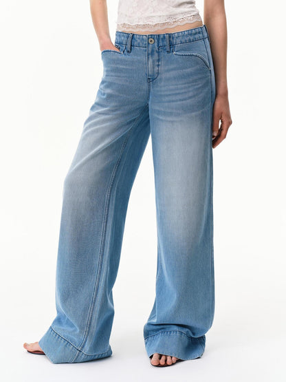 RUN TO THE FUTURE Mid Blue Washed Lyocell Blend Mid Low Waist Loose Women&