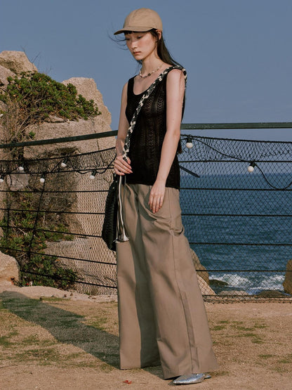 RUN TO THE FUTURE Minimalist Pleated Natural Waist Cotton Classic Black Wide-Leg Pants