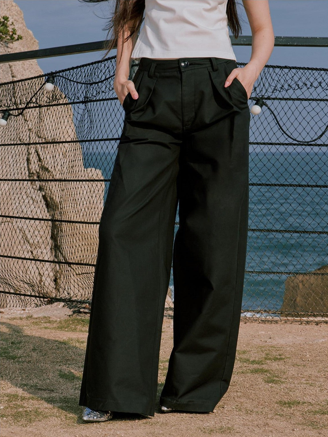 RUN TO THE FUTURE Minimalist Pleated Natural Waist Cotton Classic Black Wide-Leg Pants