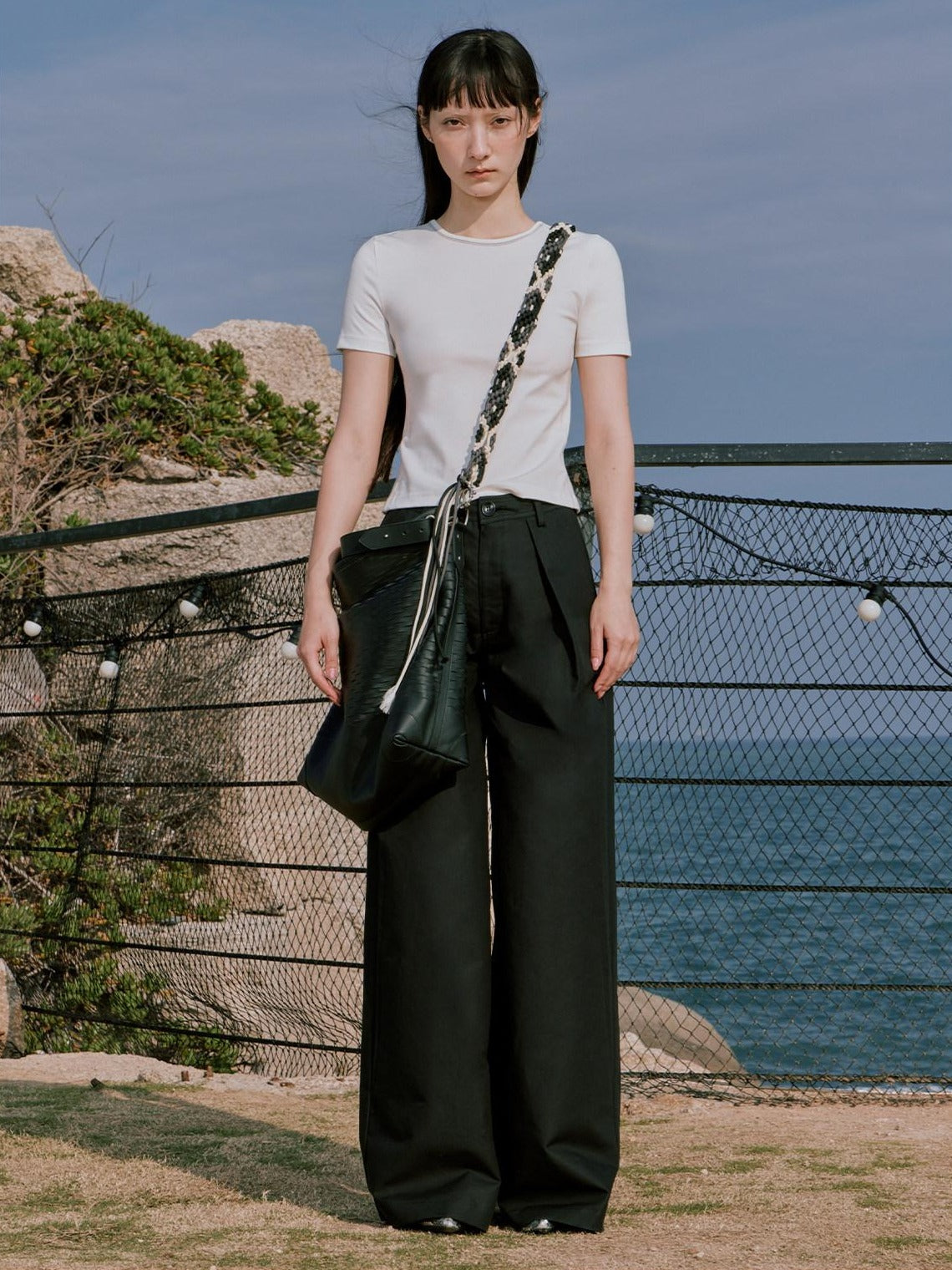 RUN TO THE FUTURE Minimalist Pleated Natural Waist Cotton Classic Black Wide-Leg Pants