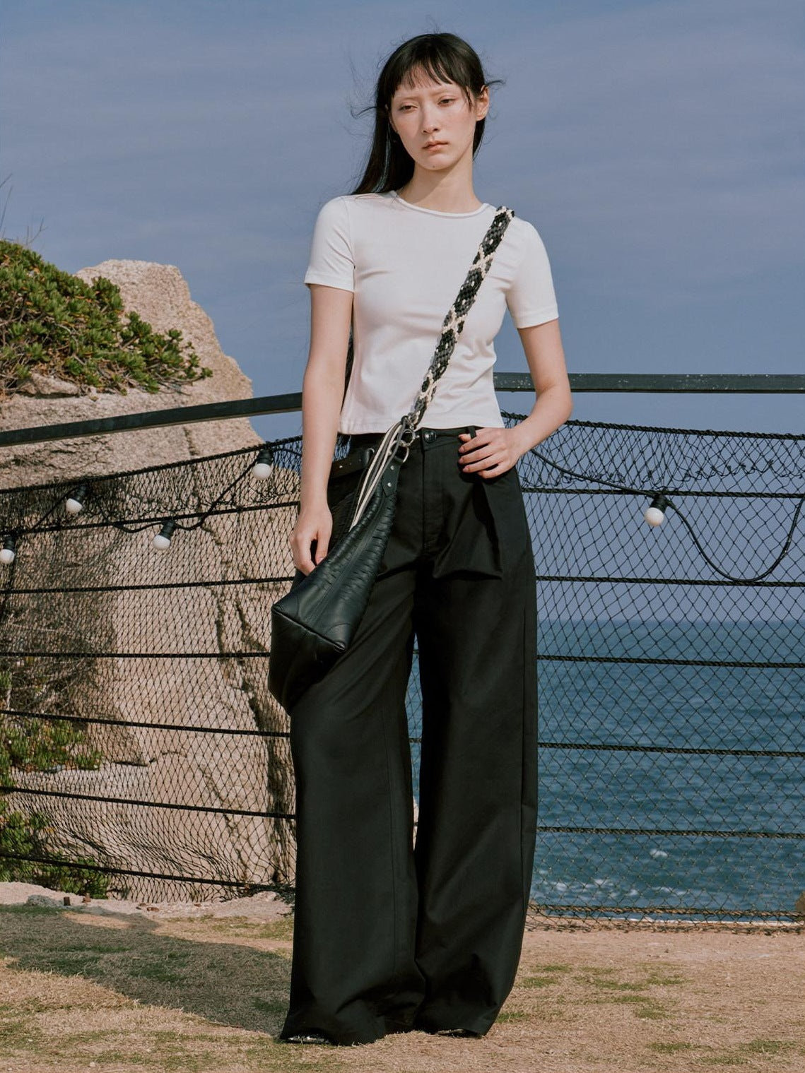 RUN TO THE FUTURE Minimalist Pleated Natural Waist Cotton Classic Black Wide-Leg Pants