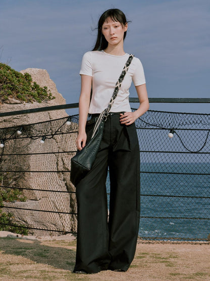 RUN TO THE FUTURE Minimalist Pleated Natural Waist Cotton Classic Black Wide-Leg Pants