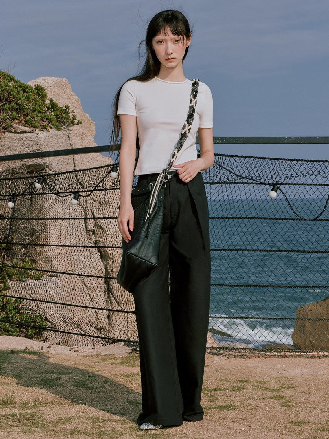 RUN TO THE FUTURE Minimalist Pleated Natural Waist Cotton Classic Black Wide-Leg Pants