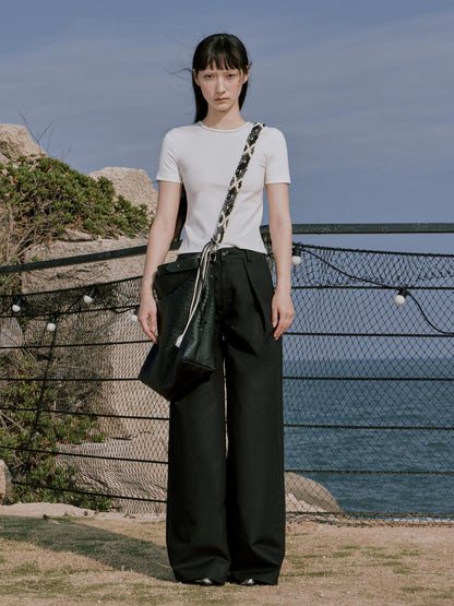 RUN TO THE FUTURE Minimalist Pleated Natural Waist Cotton Classic Black Wide-Leg Pants