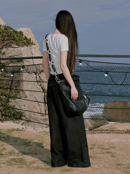 RUN TO THE FUTURE Minimalist Pleated Natural Waist Cotton Classic Black Wide-Leg Pants