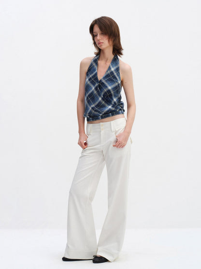 RUN TO THE FUTURE Minimalist Straight Low Waist Zipper Black White Stretch Wide-Leg Pants