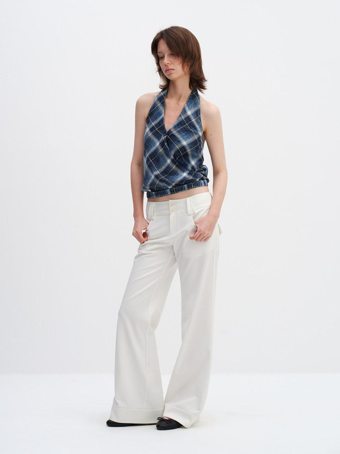 RUN TO THE FUTURE Minimalist Straight Low Waist Zipper Black White Stretch Wide-Leg Pants