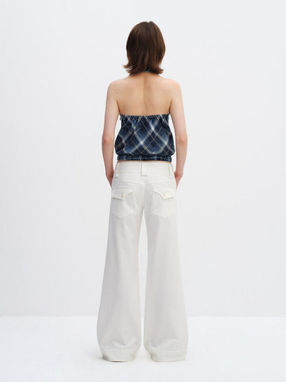 RUN TO THE FUTURE Minimalist Straight Low Waist Zipper Black White Stretch Wide-Leg Pants