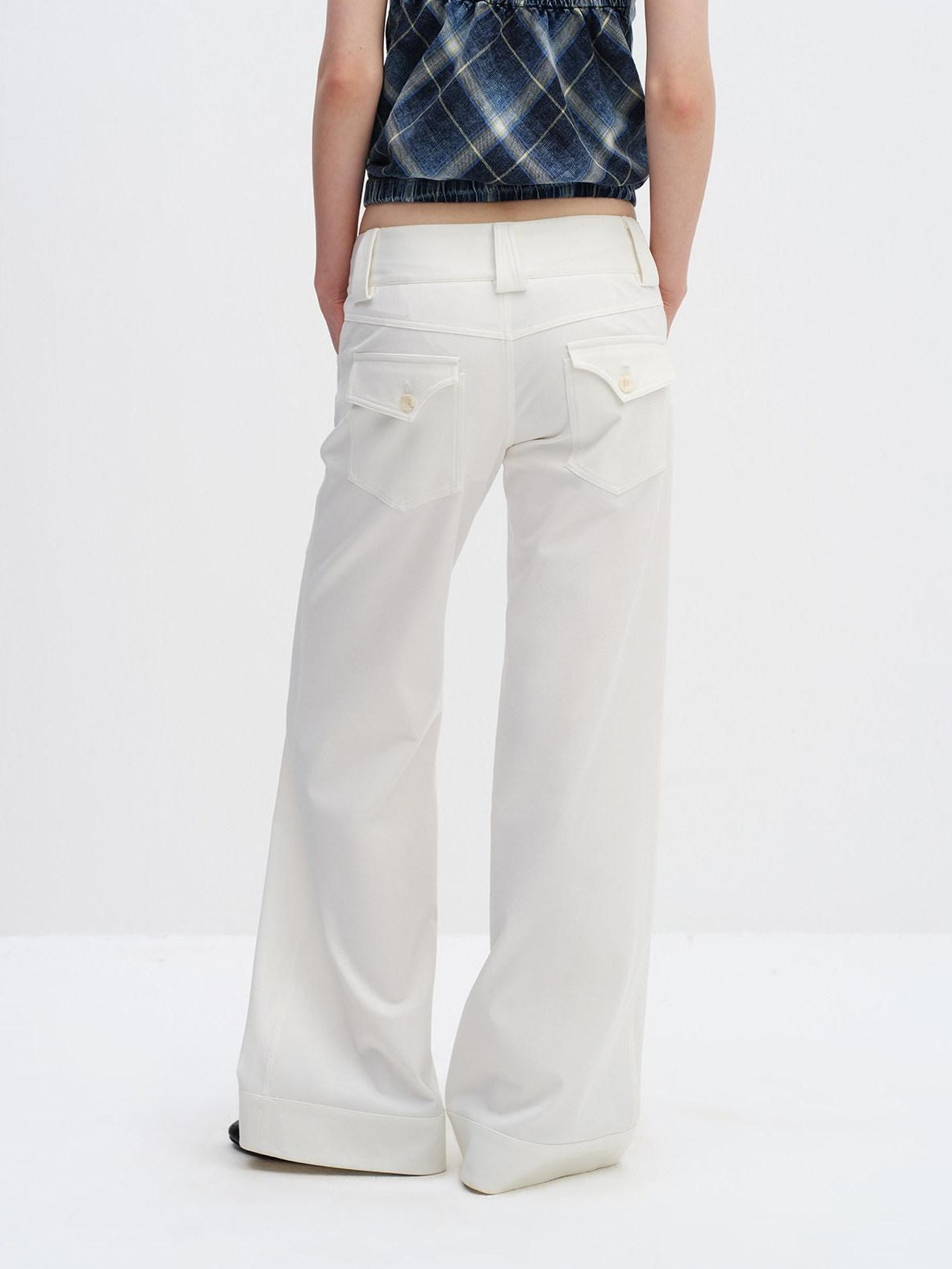 RUN TO THE FUTURE Minimalist Straight Low Waist Zipper Black White Stretch Wide-Leg Pants