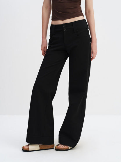 RUN TO THE FUTURE Minimalist Straight Low Waist Zipper Black White Stretch Wide-Leg Pants