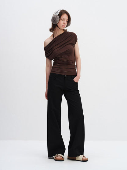 RUN TO THE FUTURE Minimalist Straight Low Waist Zipper Black White Stretch Wide-Leg Pants